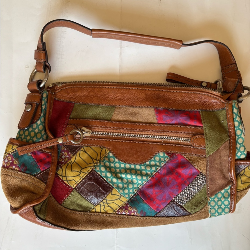 Fossil Multicolor Patchwork vintage Shoulder Bag with Brown Straps 13 x 9